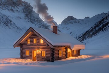 A Cozy Log Cabin Nestled in a Stunning Snowy Mountain Landscape at Dusk
