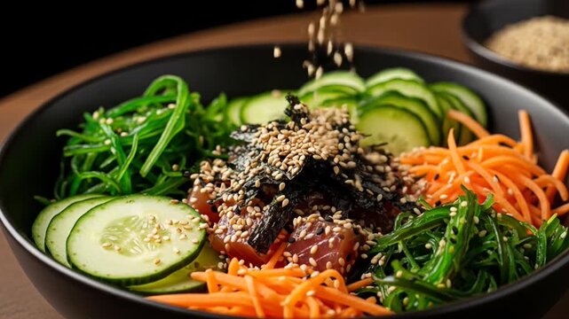 Close Up Shot Of Colorful Healthy Food Bowl With Sesame Seeds Garnishing Fresh Vegetables
