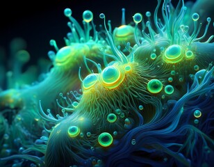 Obraz premium microscopic view of a bioluminescent organism with intricate bubbly structure and vibrant green blue hues