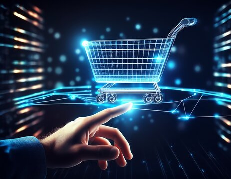 digital shopping cart a futuristic representation of online retail with a glowing digital shopping cart signifying the ease and convenience of e commerce transactions a finger approaches