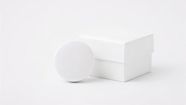 Macro shot of a medicine tablet placed near a white rectangular package on a white background