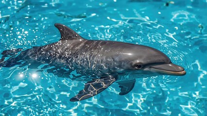 Fototapeta premium Bottlenose Dolphin Swimming Close to the Surface in Clear Shallow Water with Sunlight Reflections and Rippling Water Dynamics