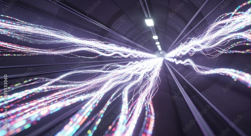 Poster brightly lit underground channel filled with animated data strands conveying digital infrastructure.