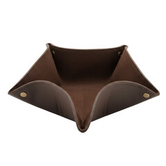 An empty brown leather coin holder with a unique triangular design, showcasing craftsmanship