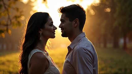 A romantic couple in love gazing at each other during golden hour, sunlight filtering through trees, creating dappled light patterns on their faces.