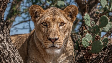 Naklejka premium Close-up shot of an adult female lion's face emphasizing her eyes as she lounges on a cactus tree in a wildlife sanctuary, facing forward during a daytime safari.