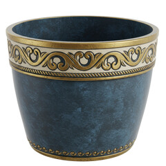 Decorative blue pot with gold accents, showcasing intricate design against a plain background