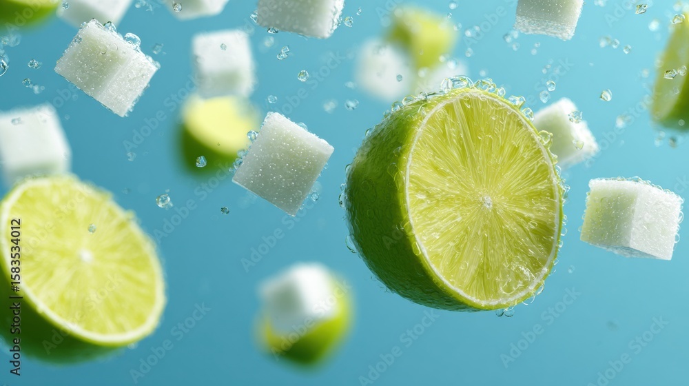 Poster floating lime wedges and sugar cubes create a refreshing visual in clear water, showcasing vibrant c