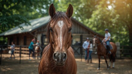 Close-up of a horse inside a barn with individuals practicing in the backdrop during summer
