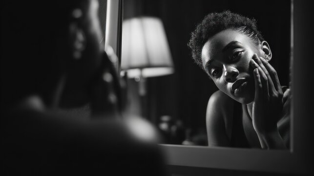 Black and white portrait of a woman looking at herself in a mirror