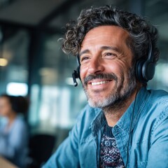 Close-up of smiling Hispanic businessman wearing headphones during video conference call in modern office with daylight from large window, perfect for global communication and remote teamwork concepts