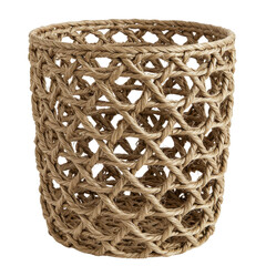 Woven natural fiber basket showcasing intricate patterns against a neutral backdrop