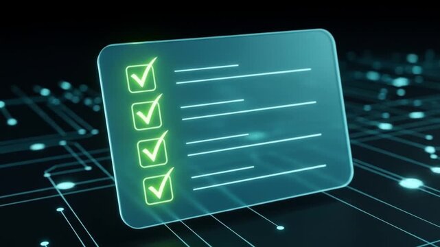Futuristic holographic checklist interface with glowing neon checkboxes and digital task completion animation on cyber technology background