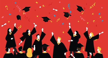 Joyful illustration of a diverse group of graduates celebrating their commencement ceremony, tossing academic caps and diplomas in the air with confetti against a vibrant red background.