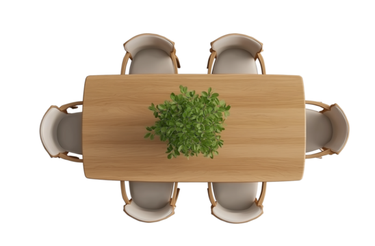 Top-Down View of a Yellow Oval Dining Table with Eight Chairs and a Green Plant, on transparent Background, cutout