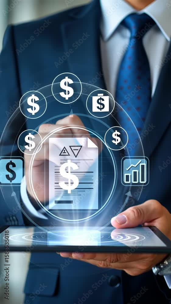 Poster a person in a business suit working on a laptop with virtual icons related to invoicing, including a