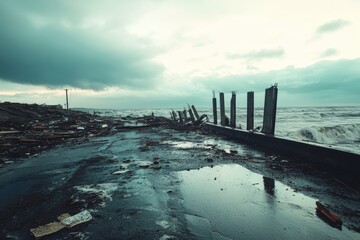 Devastated shoreline with broken structures and scattered debris in post-storm lighting, perfect for climate crisis documentation and environmental emergency themes