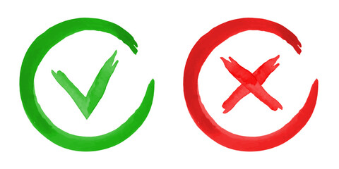 Check and cross watercolor icons. Red and green round icons. Vector set © graphic_arts