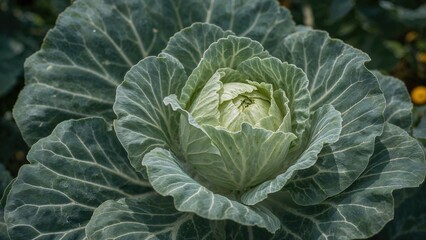 Fototapeta premium Macro shot of a healthy cabbage bloom with greenery and trees behind