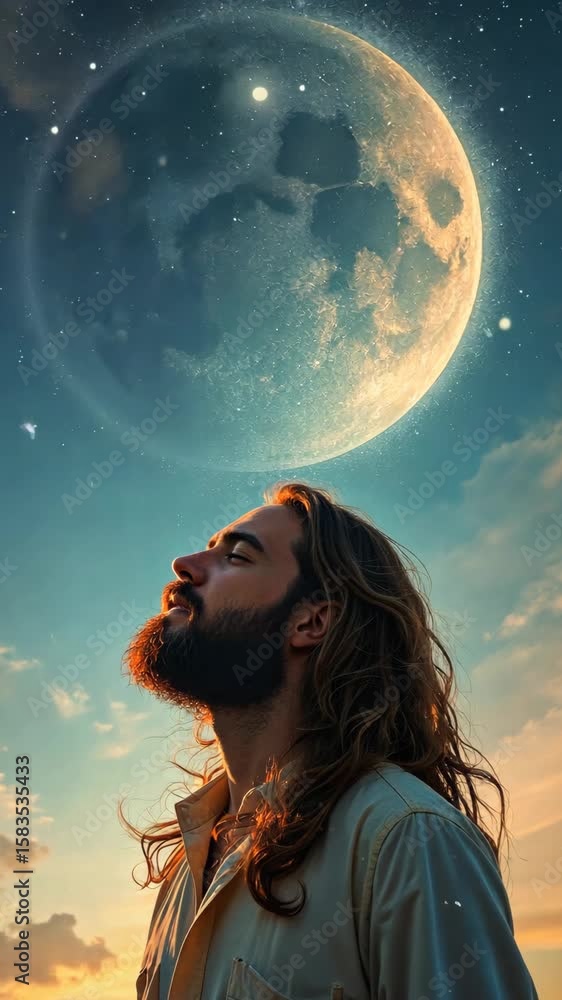 Poster man with a beard and long hair is looking up at a large moon in the sky. the image has a dreamy, eth