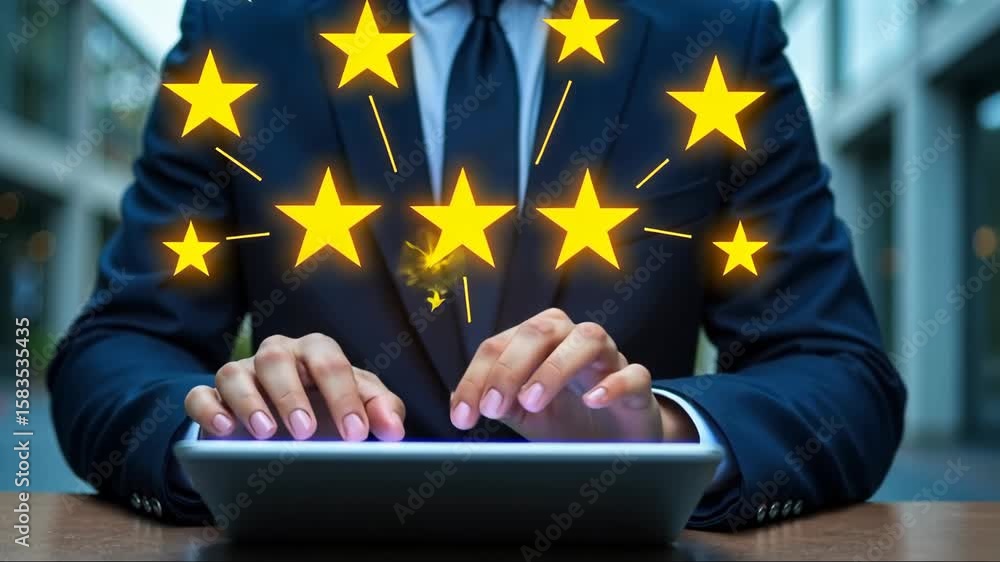 Poster a person in a business suit working on a laptop with virtual icons related to performance rating, di
