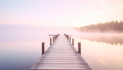 Obraz premium Sanftes Sonnenaufgangsglühen erleuchtet Steg und ruhiges Wasser