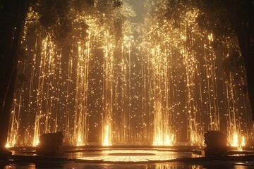 Enchanted forest with golden lights and mystical atmosphere, creating a magical ambiance