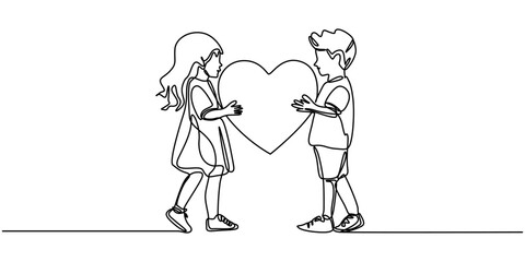 Continuous Line Drawing of Donation Icon. Hand Drawn Symbol Vector Illustration, children holding love shape continuous one line drawing
