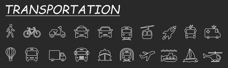 Passenger transport icons, public transportation, bus, subway, tram, taxi, airplane and more, vector illustration