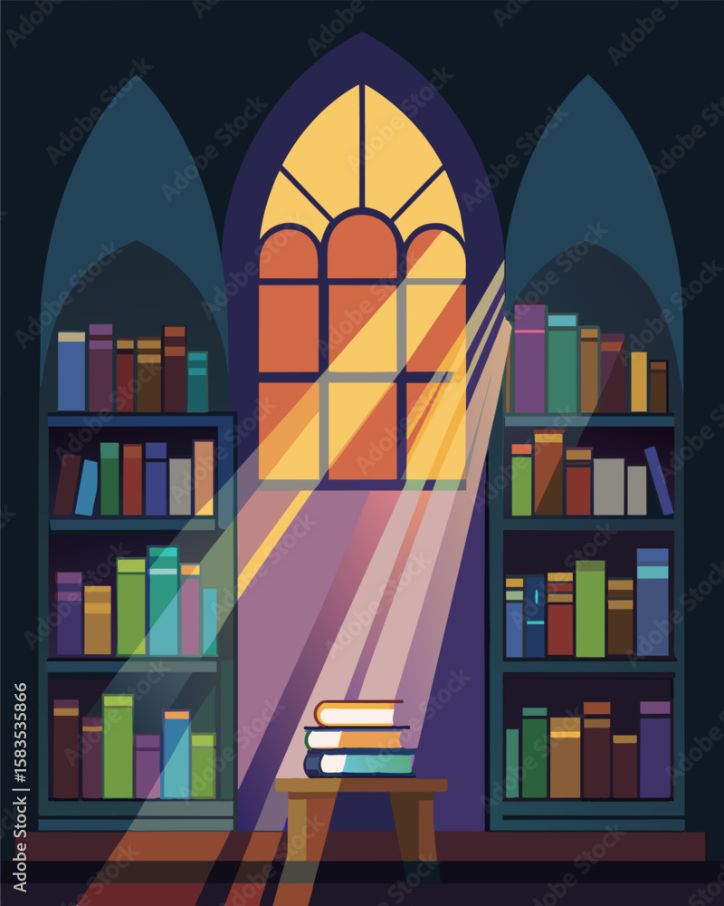 Poster shafts of sunlight pierced through the stained glass windows illuminating the collection of dusty sc