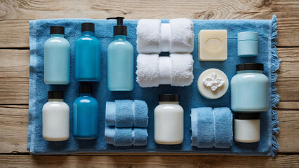 Flat Lay of Spa Items in Blue and White on Wood