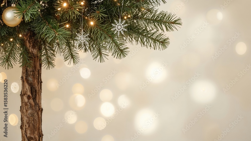 Poster decorated evergreen tree set before a bokeh light background