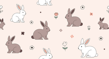 Cute easter bunnies and flowers on a soft pink background pattern