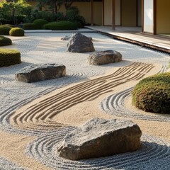 Minimalist Zen garden with carefully placed stones and raked sand patterns, embodying tranquility, mindfulness, and the serene simplicity of intentional natural design