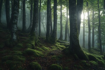 Cinematic mood of an ancient forest with moss-covered trees in morning mist, capturing the mystical atmosphere of a tranquil woodland scene with soft, ethereal light