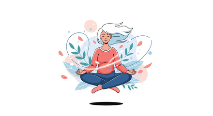 Woman meditating peacefully in a serene nature setting surrounded by abstract floral elements and gentle energy flow