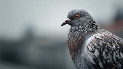 Fototapeta premium Close-up of a pigeon with striking features against a muted background, showcasing its unique colors and textures.