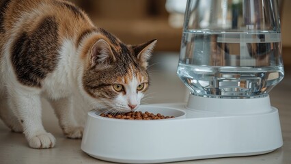 Close-up of a colorful feline enjoying food from a smart automatic feeder in a comfortable living space. Pet lifestyle and nutritious diet theme. Focused detail with space for text.