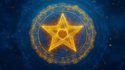 Golden star, mystic circle, dark background