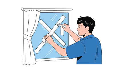 Man applying tape to window for protection against storm damage