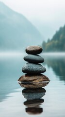 Zen inspired rock balancing art beside calm reflective water with atmospheric foggy background creating serene meditation scene for mindfulness and spiritual practice enthusiasts