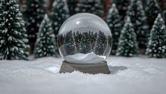 Zoomed-in shot of an unoccupied snow globe coated with snow placed in the heart of a man-made forest. Conceptual image for coronavirus precautions during the festive season.