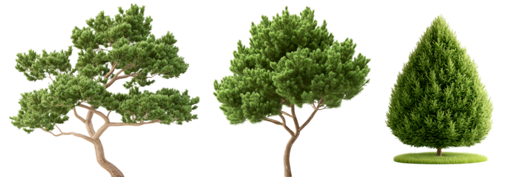 A trio of lush evergreen juniper trees with dense verdant foliage stand isolated against a clean white background showcasing their natural beauty and elegance