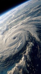 Massive hurricane system viewed from space, showing intricate cloud structures and spiral patterns against Earth's curved surface, ideal for weather forecasting and environmental awareness concepts