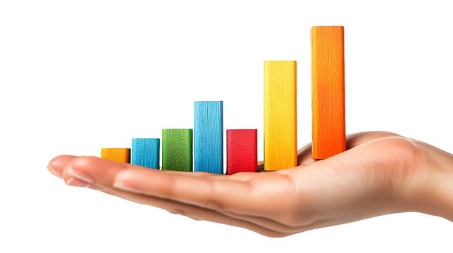 A hand holds colorful blocks forming a growth bar chart isolated on white