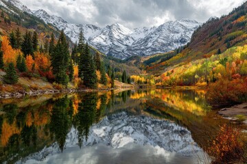 Fototapeta premium Autumnal splendor reflected in a serene lake, framed by colorful trees and snowy mountains