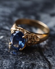 Precious blue sapphire set in elegant gold ring displayed on premium dark marble surface with artistic bokeh effect highlighting intricate jewelry details under soft studio lighting