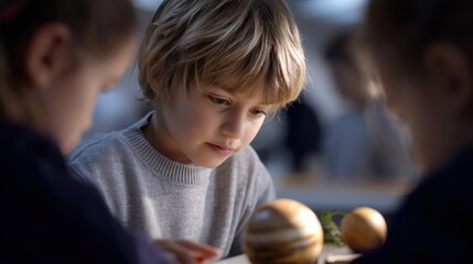 Fototapeta premium A focused young boy studies a wooden model of planets during a hands-on learning activity.