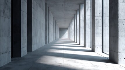 Fototapeta premium Vast concrete corridor with repeating columns and light architecture interior