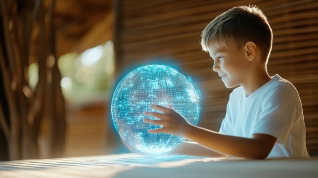 A young boy interacts with a glowing digital globe, symbolizing technology and global connectivity in a warm, indoor setting.